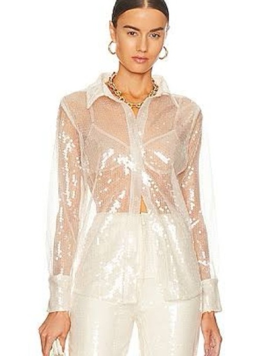 More To Come Tops - Sheer Sequin Button-Up Shirt - White / nude